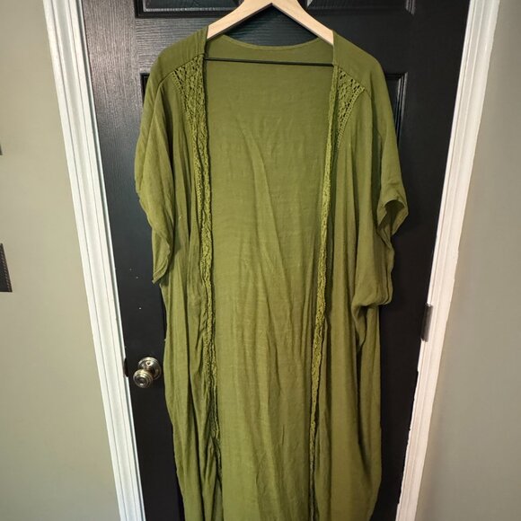 Tops - Kimono duster with short sleeves embroidery detail Green One Size